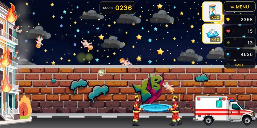 Several babies in the air at once above the firemen and their trampoline, with the ambulance waiting at the right