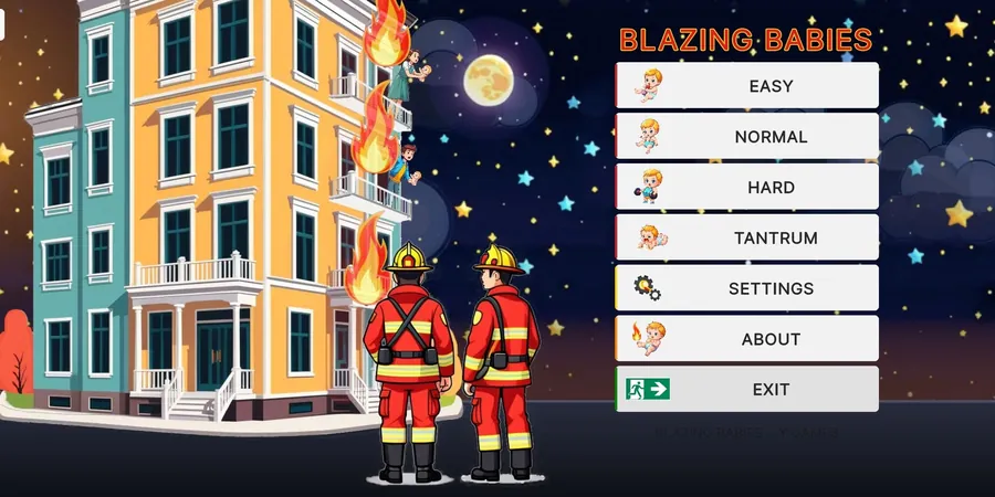 Title screen with the two firemen facing the burning building and a menu listing Easy, Normal, Hard and Tantrum